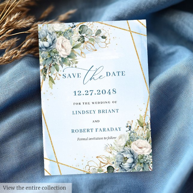 Convite Boêmia Pastel Azul Branca Dourada Data de Salvamen (Bohemian Pastel Blue White Gold Peonies Save The Date)