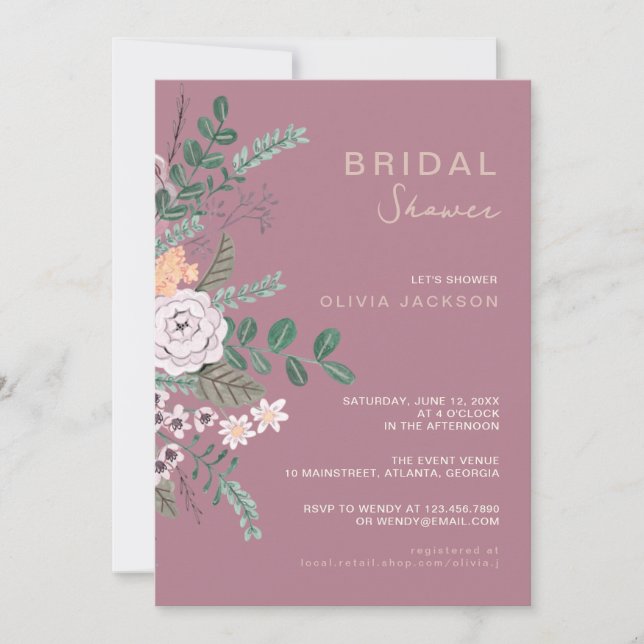 Convite Boêmio Verde & Mauve Chic Floral Flores Bridal  (Frente)