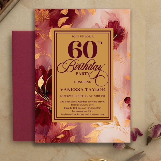 Convite Bohemian 60th Birthday Burgundy Gold Watercolor  (Bohemian 60th Birthday Burgundy Gold Watercolor Invitation)