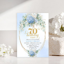 Convite Bohemian 70th Birthday Blue Hydrangeas Gold Invite