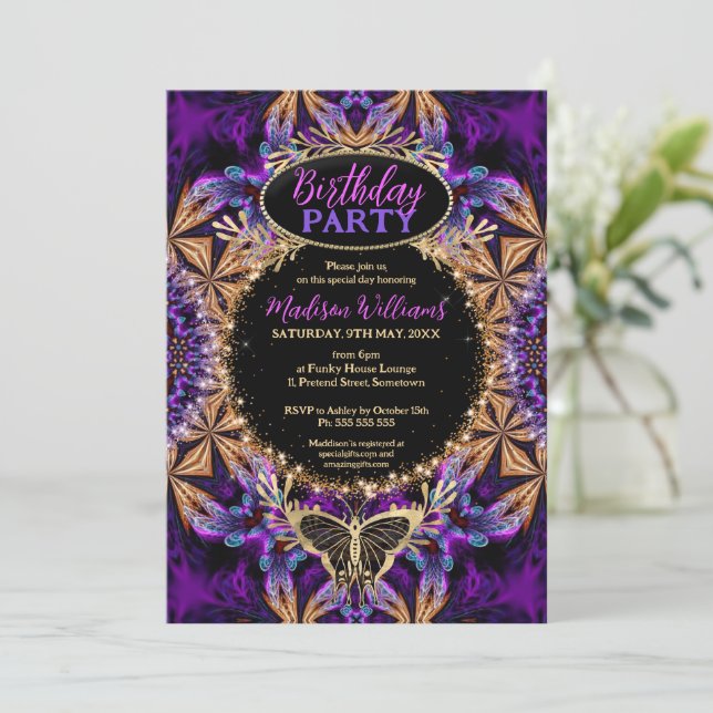 Convite Bohemian Batik Purple Pink Sparkle Birthday (Em pé/Frente)