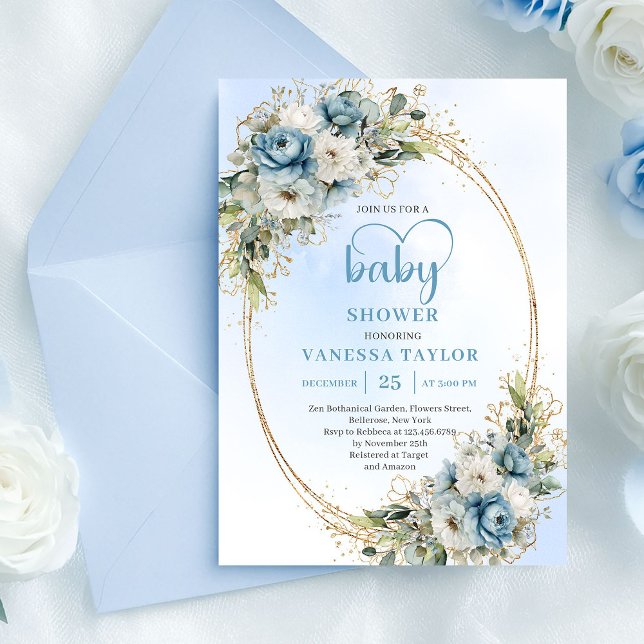Convite Bohemian Blue Floral Eucalyptus Gold Baby Shower  (Bohemian Blue Floral Eucalyptus Gold Baby Shower Card)