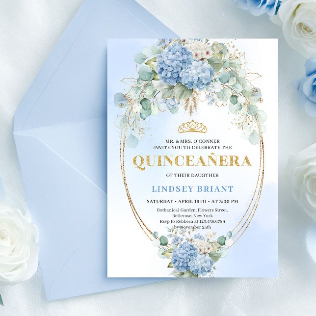 Convite Bohemian Blue Floral Eucalyptus Quinceañera Invite (Bohemian Blue Floral Eucalyptus Quinceañera Invite)