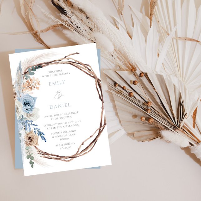 Convite Bohemian Blue Floral Wreath Invitation (Criador carregado)
