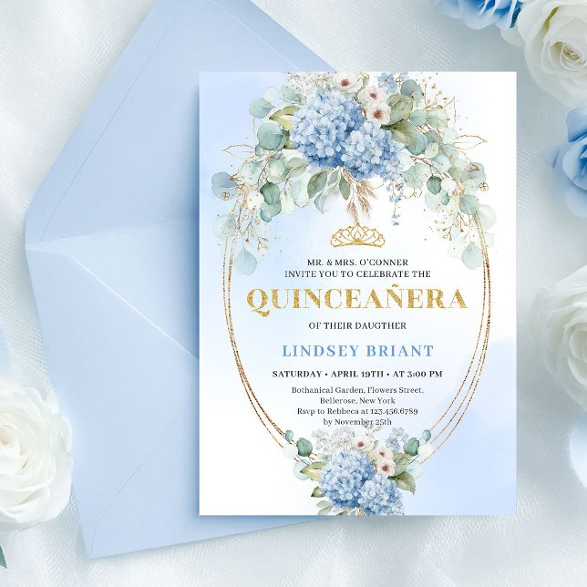 Convite Bohemian Blue Flowers Gold Quinceañera Invitation (Bohemian Blue Flowers Gold Quinceañera Invitation)