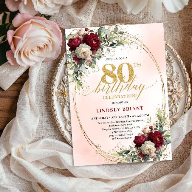 Convite Bohemian Blush Burgundy Flowers 80th Birthday  (Bohemian Blush Burgundy Flowers 80th Birthday Invite)