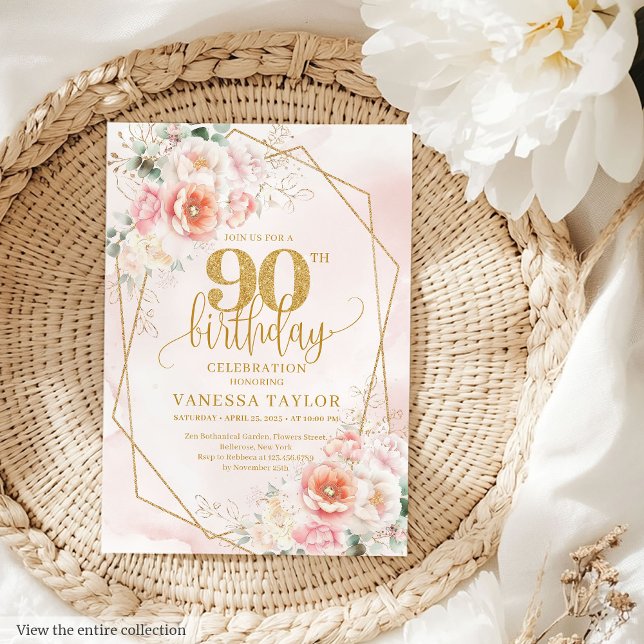 Convite Bohemian Blush Dourado Floral 90 Rosa Aniversário (Bohemian Blush Pink Gold Floral 90th Birthday Invitation)