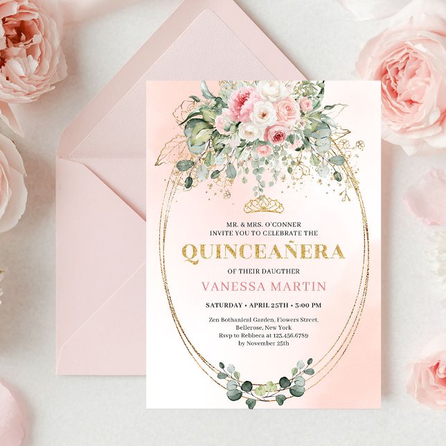 Convite Bohemian Blush Pink Floral Quinceañera Invitation (Bohemian Blush Pink Floral Quinceañera Invitation)