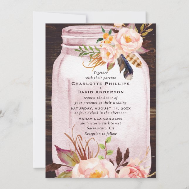 Convite Bohemian Blush Pink Mason Jar Casamento Floral (Frente)