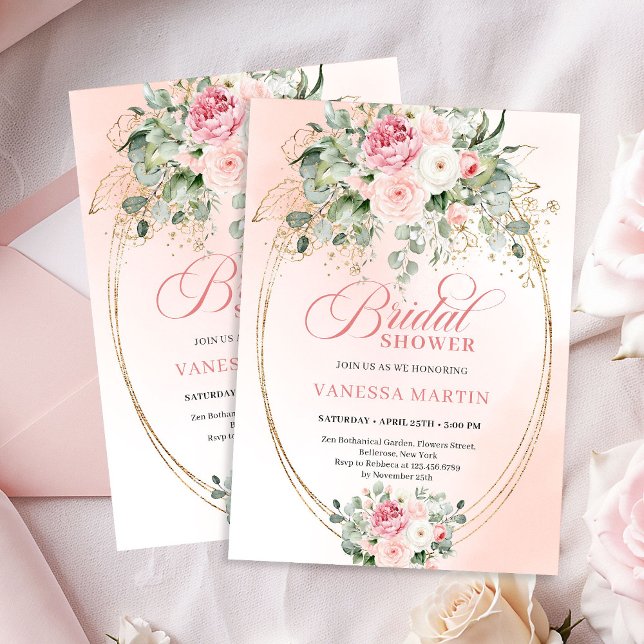 Convite Bohemian Blush Roses Eucalyptus Gold Bridal Shower (Bohemian Blush Roses Eucalyptus Bridal Shower Invitation)