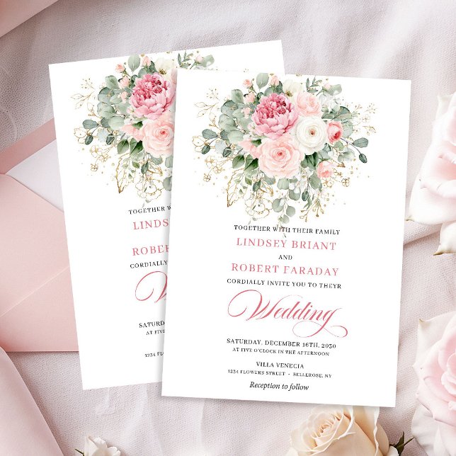Convite Bohemian Blush Roses Gold Frame Wedding Invitation (Bohemian Blush Roses Gold Frame Wedding Invitation)