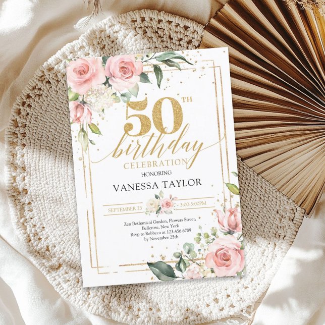 Convite Bohemian boho blush rosa floral gold 50º aniversár (Bohemian boho blush pink floral gold 50th birthday invitation)