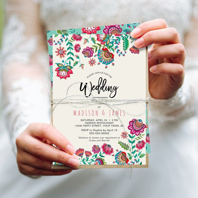 Convite Bohemian Boho Turquoise Fiesta Folk Flores (Bohemian Boho Turquoise Fiesta Folk Flowers Invitation)