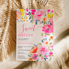 Convite Bohemian bold floral cor-de-água rosa Sweet 16