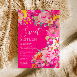 Convite Bohemian bold floral cor-de-água rosa Sweet 16