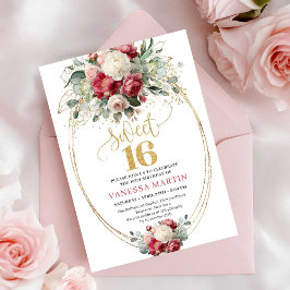 Convite Bohemian Burgundy Blush Floral Gold Sweet Sixteen