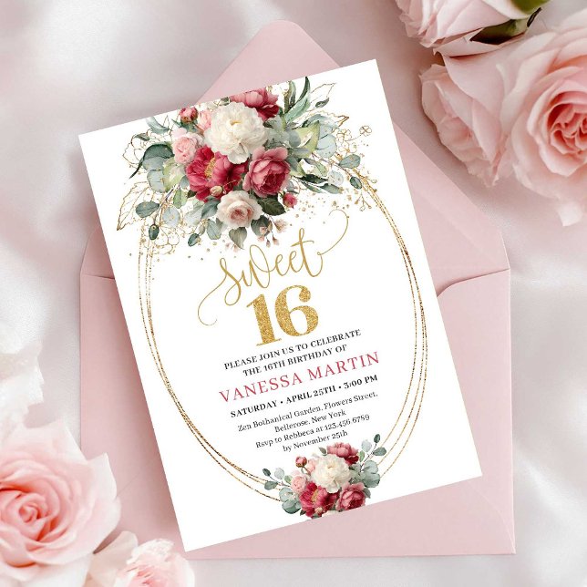 Convite Bohemian Burgundy Blush Floral Gold Sweet Sixteen (Bohemian Burgundy Blush Floral Sweet Sixteen Invitation)