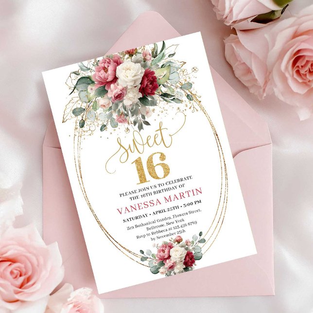 Convite Bohemian Burgundy Blush Greenery Sweet 16 Invites (Bohemian Burgundy Blush Greenery Sweet 16 Invitation)