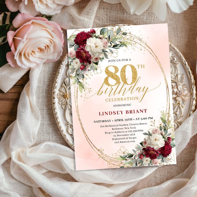 Convite Bohemian Burgundy Floral Milestone 80th Birthday  (Bohemian Burgundy Floral Milestone 80th Birthday Invite)