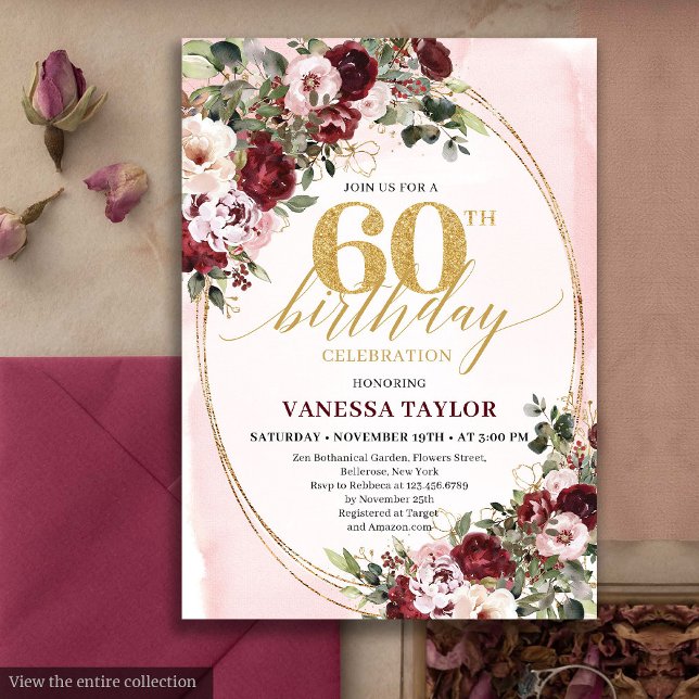 Convite Bohemian Burgundy Gold Floral 60th Birthday Invite (Bohemian Burgundy Gold Floral 60th Birthday Card)