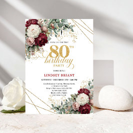 Convite Bohemian Burgundy Gold Floral 80th Birthday