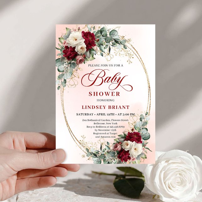 Convite Bohemian Burgundy Peony Floral Baby Shower Invite (Bohemian Burgundy Peony Floral Baby Shower Invite)