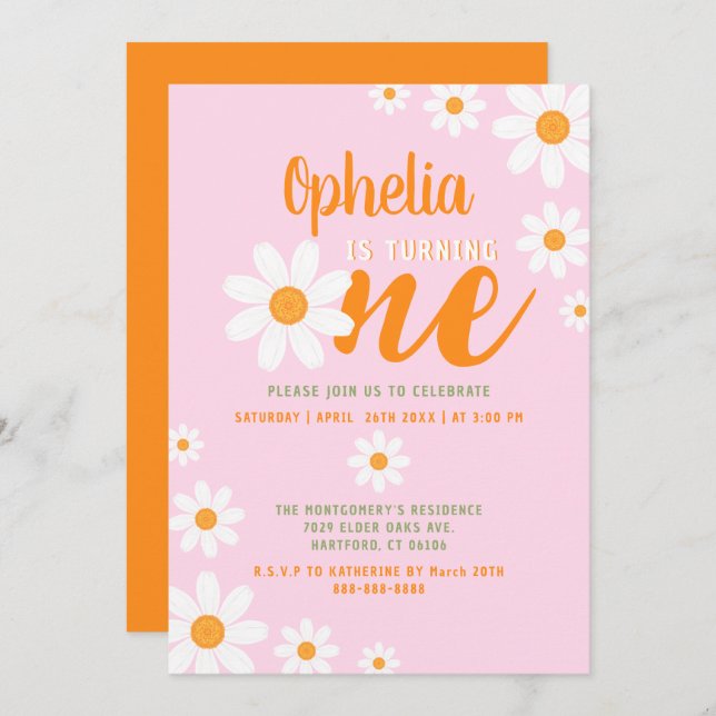 Convite Bohemian Daisy Baby Party - primeiro aniversario d (Frente/Verso)