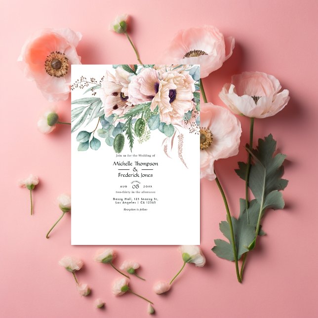 Convite Bohemian Eucalyptus Pink Poppy Casamento (Criador carregado)