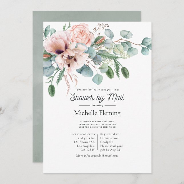 Convite Bohemian Eucalyptus Pink Poppy Chá por Correio (Frente/Verso)