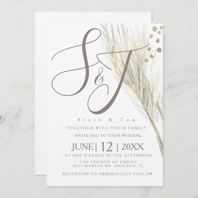Convite Bohemian Faux Gold Foil Pampas Casamento Ivory (Frente/Verso)