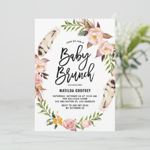 Convite Bohemian Feather Floral Wreath Chá de fraldas Brun