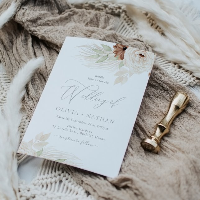 Convite Bohemian Floral Beige & Ivory Wedding (Criador carregado)