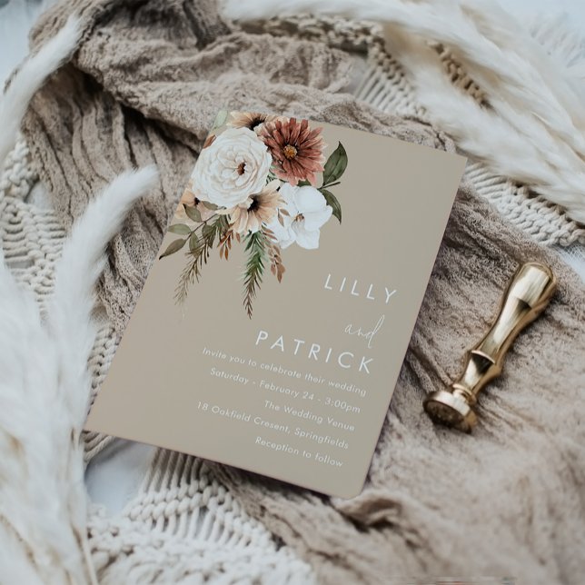Convite Bohemian Floral Beige Wedding (Criador carregado)