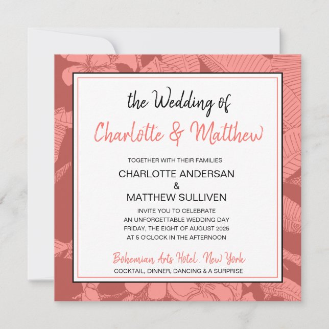 Convite Bohemian Floral Coral Watermark Modern Wedding (Frente)