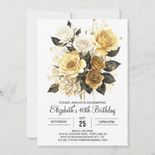 Convite Bohemian Floral Dourado e Black aniversário de 30