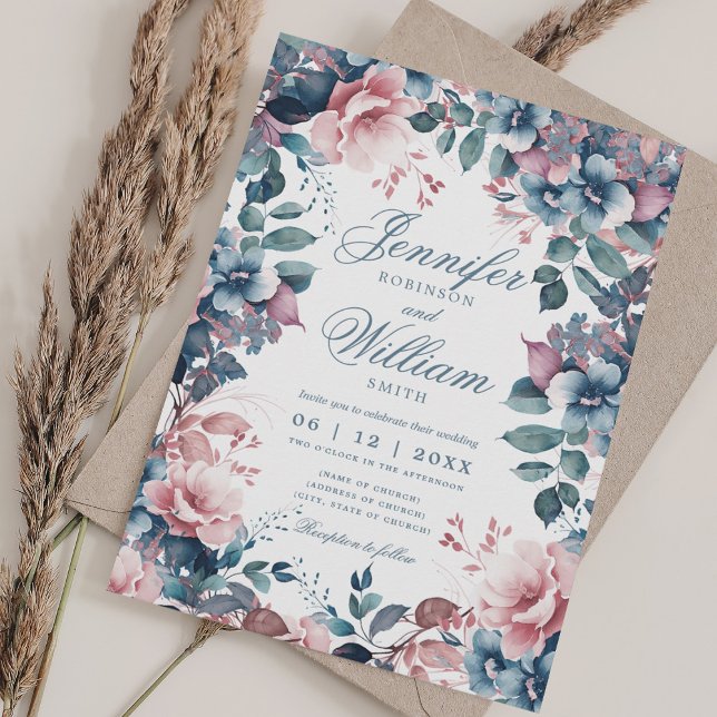 Convite Bohemian Floral Dusty Blue Elegant Casamento (Bohemian Floral Dusty Blue Elegant Wedding Invitation)