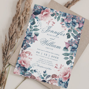 Convite Bohemian Floral Dusty Blue Wedw/ QR RSVP