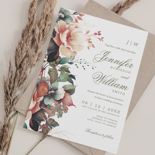 Convite Bohemian Floral Fall Autumn Elegant (Bohemian Floral Fall Autumn Wedding Elegant Invitation)