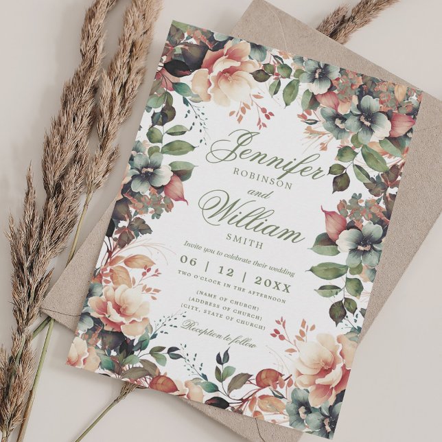 Convite Bohemian Floral Fall Autumn Wedc/ QR RSVP (Bohemian Floral Fall Autumn Wedding w/ QR RSVP Invitation)