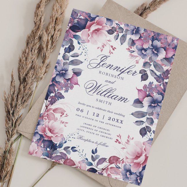 Convite Bohemian Floral Lavanda Purple Elegant Casamento (Bohemian Floral Lavender Purple Elegant Wedding Invitation)