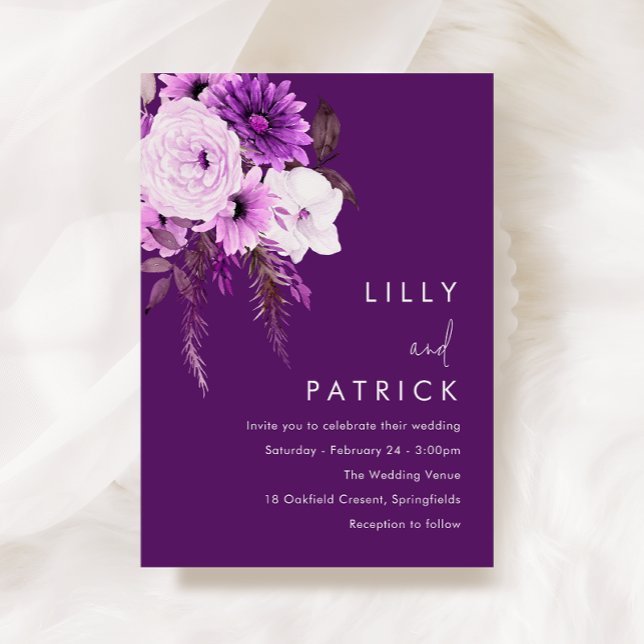 Convite Bohemian Floral Purple & White Weding (Criador carregado)