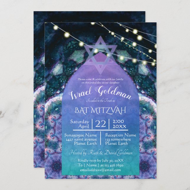 Convite Bohemian Nights w/ Star of David | Púrpura azul (Frente/Verso)