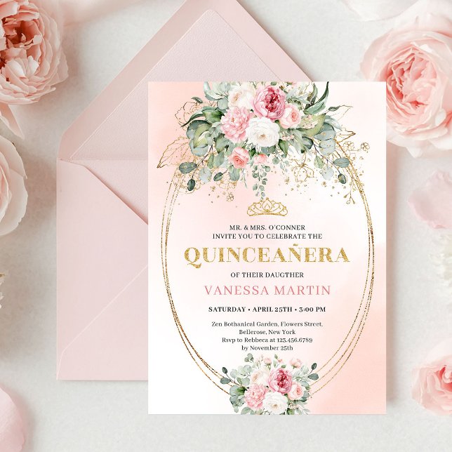 Convite Bohemian Pale Pink Rose Gold Quinceañera Card (Bohemian Pale Pink Rose Gold Quinceañera Card

)