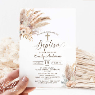 Convite Bohemian Pampas Grass Baptism Christening