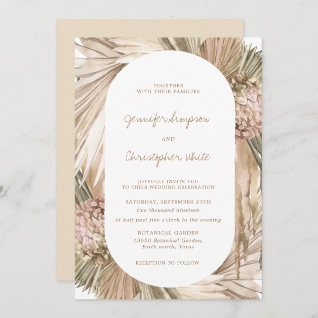 Convite Bohemian Pampas Grass Ivory Earthy Casamento (Frente/Verso)