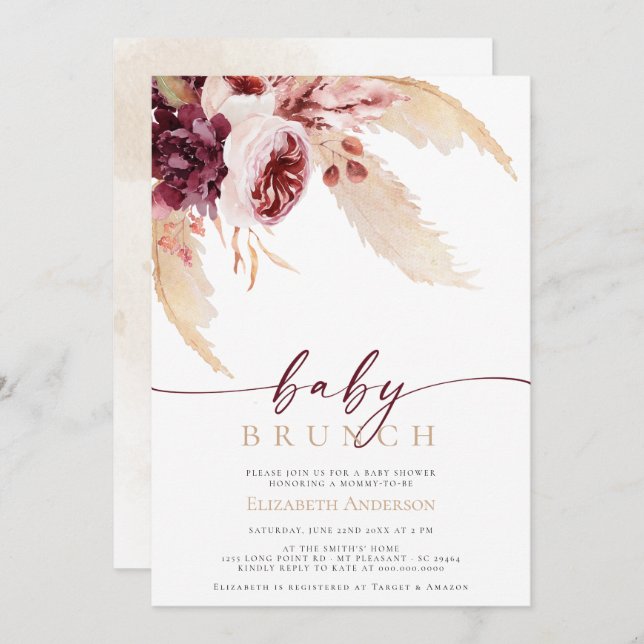 Convite Bohemian Pampas Tropical Grass Chá de fraldas Brun (Frente/Verso)