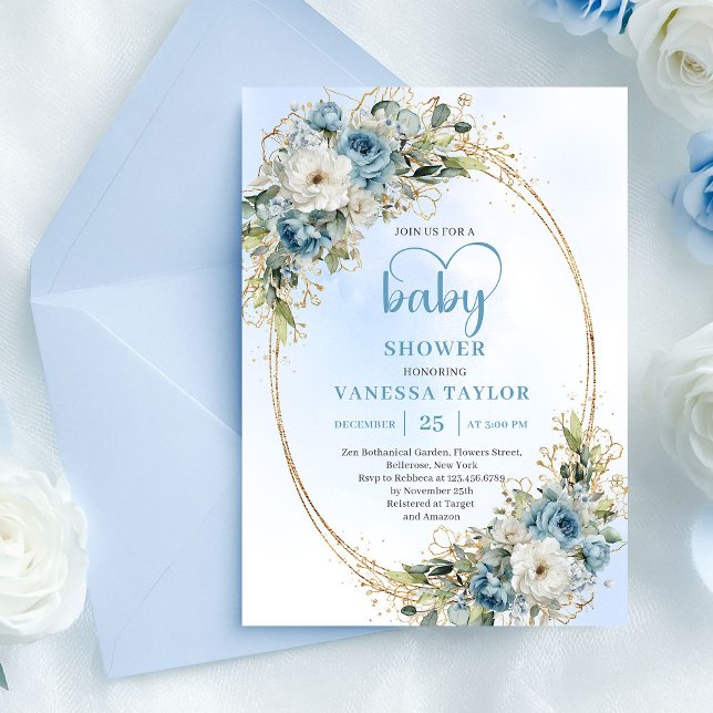Convite Bohemian Pastel Blue Floral Baby Shower Invitation (Bohemian Pastel Blue Floral Baby Shower Invite.........)