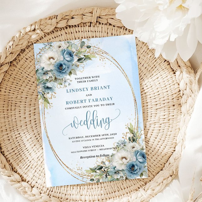 Convite Bohemian Pastel Blue Floral Gold Wedding Invite (Bohemian Pastel Blue Floral Gold Wedding Invitation)