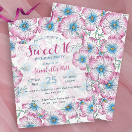 Convite Bohemian Pastel Floral Cor-de-Rosa Azul Sweet 16