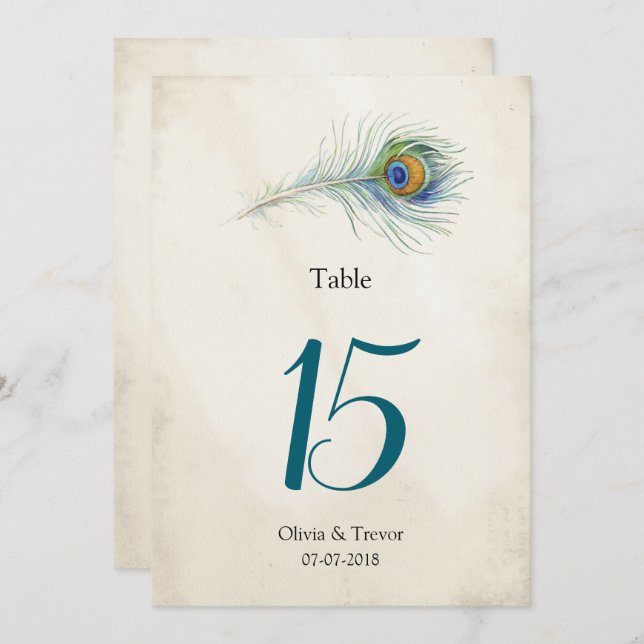 Convite Bohemian Peacock Feather Wedding Table Numbers (Frente/Verso)